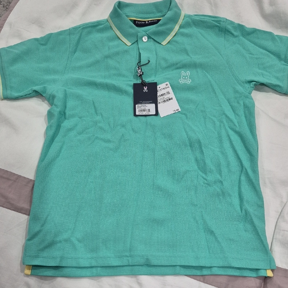 Psycho Bunny Men's Mint/Light Yellow Trim Polo- Brand New With Tags- Size Boys L